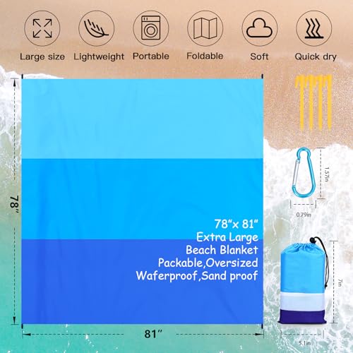 Beach Blanket Waterproof Sandproof Oversized Lightweight 78''×81'' 1-5 Adults Blanket Beach Large Picnic Mat for Travel Camping Hiking Picnic - color: Blue3, size: 78''x81''