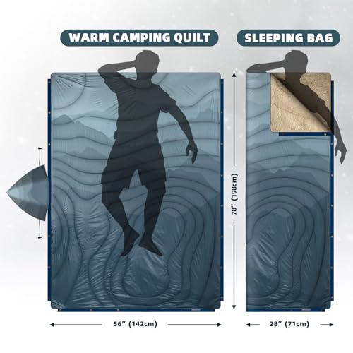 Outdoor Camping Blanket with Sherpa Lining, Extra Warm Thick Camp Blankets and Puffy Ultralight Soft Poncho DWR Camping Quilt for Cold Weather, Adventure, Sleeping, Backpacking 78"x 56" - color: Hooded - Blue Cloud Valley, size: 78 x 56 inches