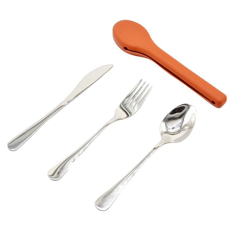 Portable Silverware Utensils Set with Silicon Case (Burnt Orange), 3 pcs Stainless Steel Cutlery Set (Fork Spoon Knife) For Camping School Picnic Office Travel - color: Burnt Orange