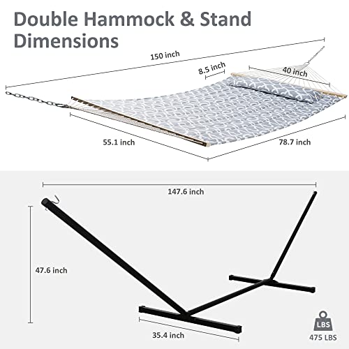 SUNCREAT 55 Inch Extra Large Double Hammock with Stand, 475lbs Capacity, Outdoor Portable Hammock with Hardwood Spreader Bar, Extra Large Pillow, Grey - color: Light Grey, size: 12 ft Stand