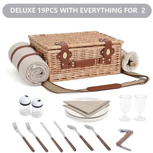 Picnic Basket with Blanket and Wine Pouch for 2, Wicker Picnic Set with Insulated Liner Cooler Bag Hamper for Camping,Wedding - Natural - color: Natural With Blanket for 2