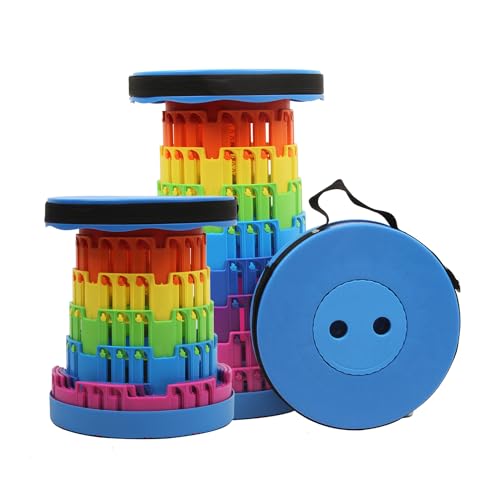 JAEMEYEM Collapsible Stool Upgraded, Folding Telescoping Foldable Camping Stool, Sturdy, Portable Telescopic Compact Folding Chair, Retractable Seat or Foot Rest for Travel, Parties, Queue - color: Blue Rainbow, size: 1 pack
