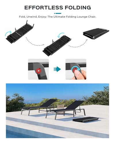 Ciokea Aluminum Chaise Lounge Ourdoor, Foldable & Assemble Free Outdoor Lounge Chair with 5 Adjustable Backrest, Patio Lounge Chair for Outside Poolside Beach Pool, Black - color: Black, size: 1 Pack
