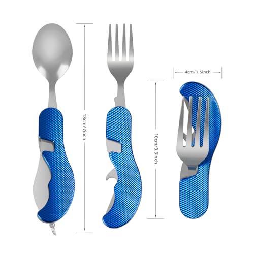 Leeko 4 in 1 Stainless Steel Portable Outdoor Pocket Knife Fork Spoon Diner Set Multi-function Tableware for Camping Hunting - color: Blue