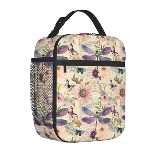 Reusable Dragonfly Retro Lunch Box for Kids Girls Boys Women Adult, Insulated Floral Butterfly Vintage Lunch Bag,Polyester Cooler Handbags Case for School Picnic Work Travel Beach or Hiking - color: Dragonfly