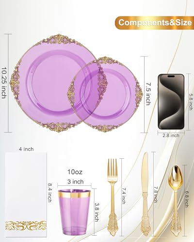Nervure 350PCS Purple Plastic Plates - Purple Plastic Dinnerware Sets for 50 Guests - 100 Disposable Plates, 150 Gold Silverware, 50 Cups, 50 Napkins for Wedding & Party - color: Purple