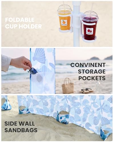 Qipi Beach Cabanas for Sand, Beach Canopy with Sandbags & Side Wall for Family, Easy Set Up Sun Shelter, UPF 50+ UV Protection with Roof Vent - color: 8' x 8' Sea Life Dual-Fold