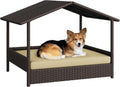 Yaheetech Wicker Dog House Outdoor Indoor with Canopy, Elevated Dog Shelter Dog Bed with Cushion for Small/Medium Dogs, Shade for Deck, Patio, Yard, Pool Brown House, Khaki Cushion