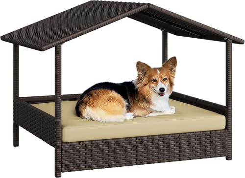Yaheetech Wicker Dog House Outdoor Indoor with Canopy, Elevated Dog Shelter Dog Bed with Cushion for Small/Medium Dogs, Shade for Deck, Patio, Yard, Pool Brown House, Khaki Cushion