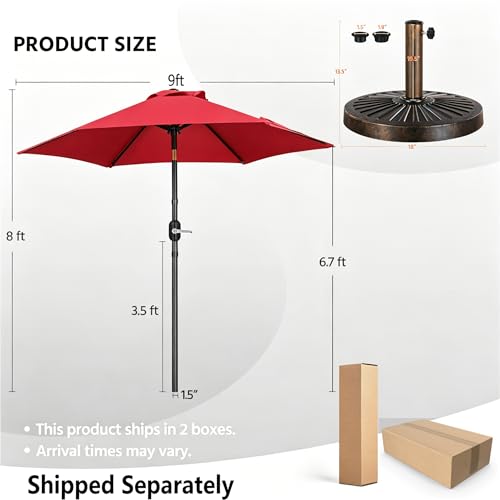 Yaheetech 9FT Patio Umbrella Outdoor with Heavy Duty Base Included,Table Umbrella with Push Button Tilt and Crank, UV Protection Waterproof for Yard/Outdoor/Wedding Parties and Events - Red - color: Red, size: 9FT
