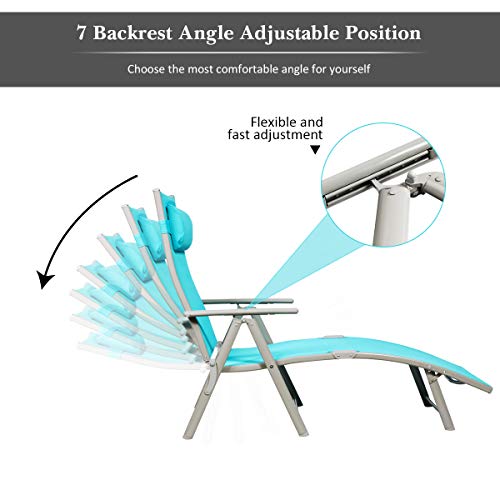 Tangkula Outdoor Folding Chaise Lounge Chair, Lightweight Recliner Chair w/ 7 Adjustable Backrest Positions, Patio Reclining Beach w/Removable Cushion & Pillow for Patio Poolside No Assembly Required - color: Turquoise