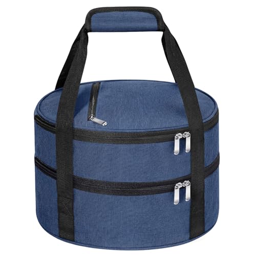 Round Double Insulated Casserole Carrier – 12" Portable Pie Carrier Bag for Hot or Cold Food, Leakproof Thermal Lunch Tote with Handle for Parties Picnic & Travel - Navy Blue - color: Navy Blue, size: Double