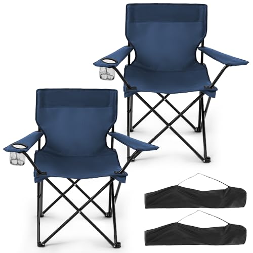 2-Pack Foldable Camping Chairs with Cup Holder, 300LB Lawn Portable Folding Chairs for Adults, Lightweight Outdoor Beach Chairs with Carry Bag for Camp, Fishing, Sports (Navy) - color: Navy, size: 2pcs