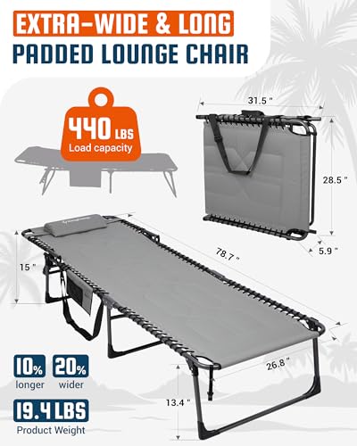 KingCamp Oversized Tanning Chair, Extra-Wide Padded Folding Chase Lounge Chairs Portable Adjustable 5-Position 440lbs Heavy Duty Lounger with Double-Layer Oxford for Outdoor Beach Patio Sun Pool Grey - color: Pro-grey-1 Pack