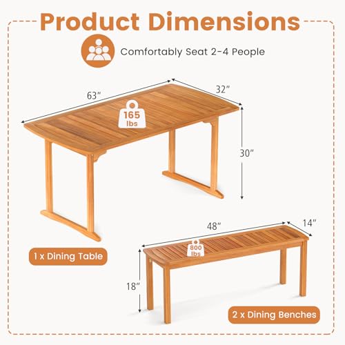 Tangkula 3 Piece Acacia Wood Patio Dining Table Set, 63" Large Patio Table & 2 Backless Benches w/Umbrella Hole, Farmhouse Indoor Outdoor Diner Furniture for Garden Poolside Deck Kitchen