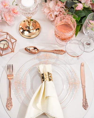 Nervure 350PCS Rose Gold Plastic Plates - Rose Gold Plastic Dinnerware Sets for 50 Guests - 100 Disposable Plates, 150 Silverware, 50 Cups, 50 Napkins Perfect for Wedding & Party & Mothers Day - color: White and Rose Gold