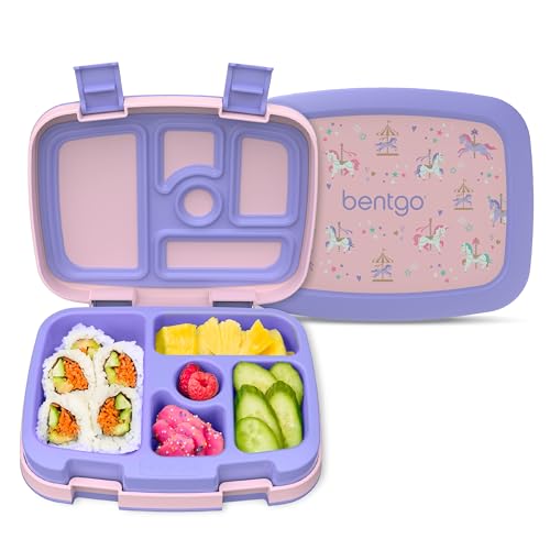 Bentgo Kids Prints Leak-Proof, 5-Compartment Bento-Style Kids Lunch Box - Ideal Portion Sizes for Ages 3-7, Durable, Drop-Proof, Dishwasher Safe, & PFAS & BPA-Free Materials (Carousel Unicorns) - color: Carousel Unicorns