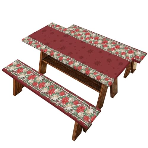 Christmas Red Flowers Outdoor Picnic Table Cover Decorations 3 PCS Set Fitted for Camping - color: Christmas Red Flowers1, size: Small
