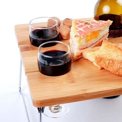 Outdoor Wine Picnic Table, Folding Portable Wood Tray with 4 Wine Glass Holder for Cheese and Fruit, Ideal for Camping, Beach, Wine Gifts for Women