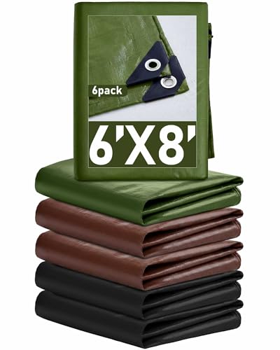 SmoothNovelty 6 Pcs Large Waterproof Tarp 6 x 8 ft Heavy Duty 5.5 Mil Thick Poly Tarpaulin with Grommets Multipurpose Protective Cover for Summer Home Boats Cars Camping Rv Pool Tent - color: Green,brown,black, size: 6 x 8 ft