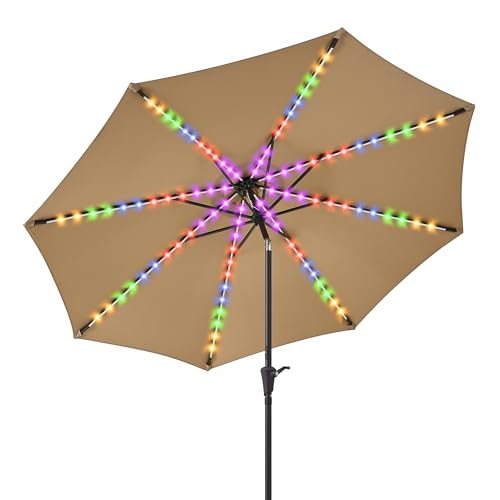 7.5/9/10 ft Outdoor Patio Umbrella with Solar Lights - Small Heavy Duty Beach/Table/Pool/Deck/Market Umbrella, Dual Charging, Tilt, APP & Button Control, UV/Fade-Resistant - color: Tan, size: 7.5 ft