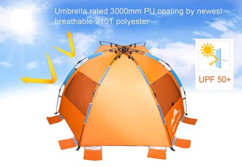 Oileus X-Large 4 Person Beach Tent Sun Shelter - Portable Sun Shade Instant Tent for Beach with Carrying Bag, Stakes, 6 Sand Pockets, Anti UV for Fishing Hiking Camping, Waterproof Windproof, Orange - color: Orange
