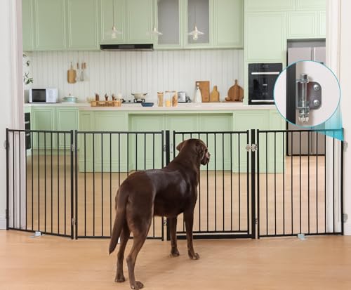 No Pawblems Free Standing Dog Gate with Door, 30'' Tall Foldable Dog Fence for Indoor & Outdoor, Up to 104 Inch Extra Wide Puppy Gate for Stairs, Hallways, Doorways, Deck, Yard (Black, 4 Panels) - color: Black, size: Up to 104" W, 4 Panels