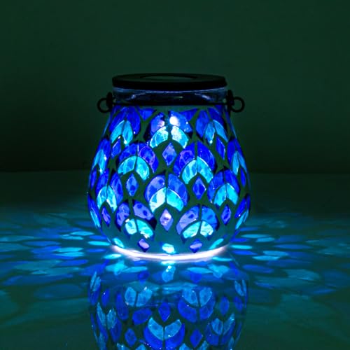 Afirst Mosaic Solar Lanterns - Glass Hanging Lights Hollow Out Waterproof Outdoor Decorative for Garden, Patio, Holiday Party Outdoor Decoration, 1 Pack - style: Blue