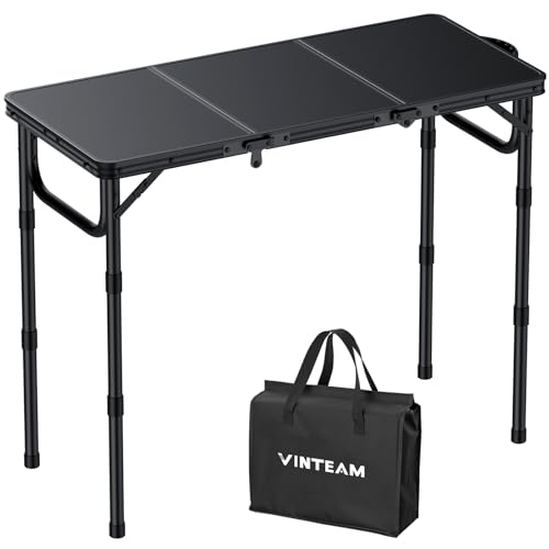 VINTEAM Tri-Folding Camping Table with 3 Adjustable Heights, Lightweight Portable Outdoor Picnic BBQ Table, Black Aluminum Folding Grill Table for Camping, RV, Beach, Fishing & Backyard - style: 3-Fold MDF Tabletop