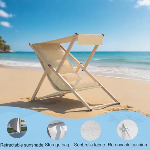 Beach Lounge Chair with Canopy, Folding Reclining Outdoor Chaise Lounger, Beach Chair Pool Sunbathing Lawn Lounger for All Weather, No Assembly Required (Khaki)
