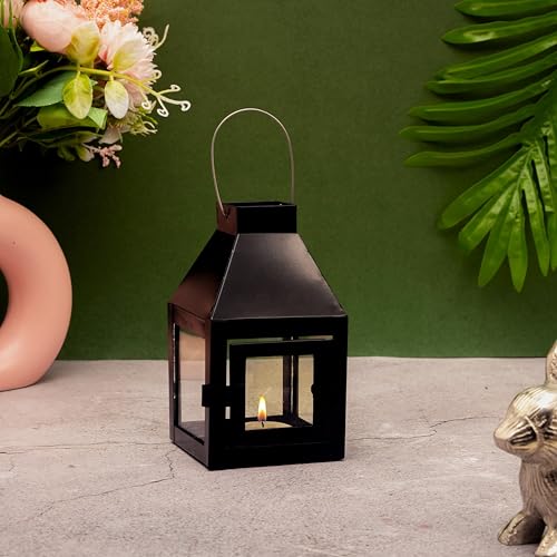 Rely+ Black Metal Lantern Candle Holder for Indoor & Outdoor Decor, Hanging Tealight Candle Holders for Wedding, Party, Decorations - Modern Home Decor, 5.5 Inch - color: Black