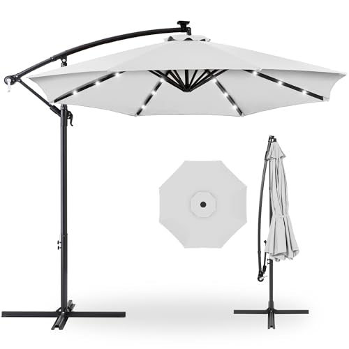 Best Choice Products 10ft Solar LED Offset Cantilever Hanging Market Patio Umbrella, 8 Sturdy Ribs, Easy Adjustment - Fog Gray - color: Fog Gray, size: Offset