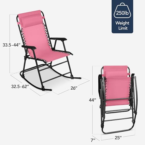 Best Choice Products Outdoor Zero Gravity Rocking Chair, Folding Reclining Patio Lounge Chair with Adjustable Pillow for Lawn, Beach, Camping - Pink - color: Pink