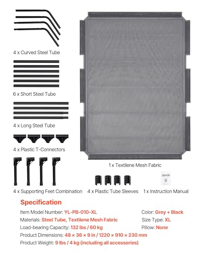 VEVOR Elevated Dog Bed for Large Dogs, Portable Raised Dog Cot with Steel Metal Frame and Breathable Teslin Mesh, Indoor & Outdoor Pet Cooling Raised Hammock Bed, XL, Gray - size: XL-No Pillow