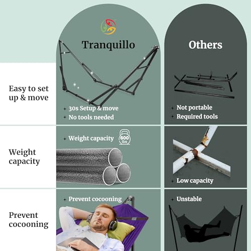 Tranquillo Universal Double Hammock with Stand Included for 2 Persons/Foldable Hammock Stand 600 lbs Capacity Portable Case - Inhouse, Outdoor, Camping, Purple - color: 1. Purple
