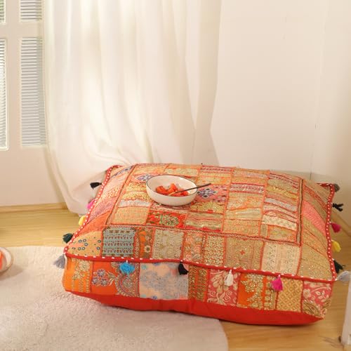 THE ART BOX 35" X 35" Large Boxed Shaped Premium Hypoallergenic Square Stuffer Best for Meditation Floor Pillow Cover, Mandala Ottoman Cushion Cover, Dog Beds, Lounger, Pet Beds - color: Orange