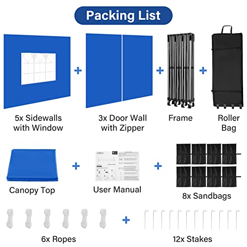 COBIZI 10x30 Heavy Duty Pop Up Canopy Tent with 8 Sidewalls Thicken Frame, Commercial Easy Up Outdoor Wedding Party Tents, All Season Waterproof Windproof with Stakes Sandbags Ropes Roller Bag, Blue - color: Blue, size: 10x30