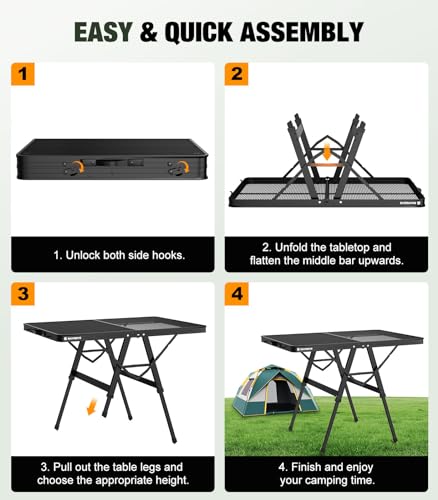 Raynesys Foldable Grill Table with Mesh Desktop, 200lbs 3Ft Portable Folding Table, Height Adjustable Metal Table for Ourdoor, Camping, Picnic, BBQ and Beach, RV, 35.4" L x 23.6" W - size: L(3ft-35.4"x23.6"x14.2"/18.9"/24.4")