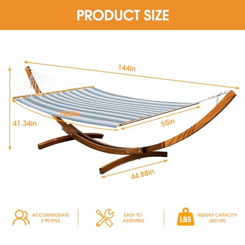 Lazy Daze Hammocks 12 FT 2 Person Double Quick Dry Textilene Hammock with Curved Steel Heavy Duty Stand for Outside, Backyard, Patio, 450 Lbs Capacity, Blue White Stripes - color: Blue White Stripes