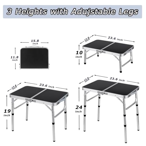 YihuiKo Folding Camping Table, Adjustable Height Folding Table, Portable Aluminum Small Folding Table with Carry Handle for Picnic, BBQ, Indoor, Office - size: 24"L x 16"W x 24"H