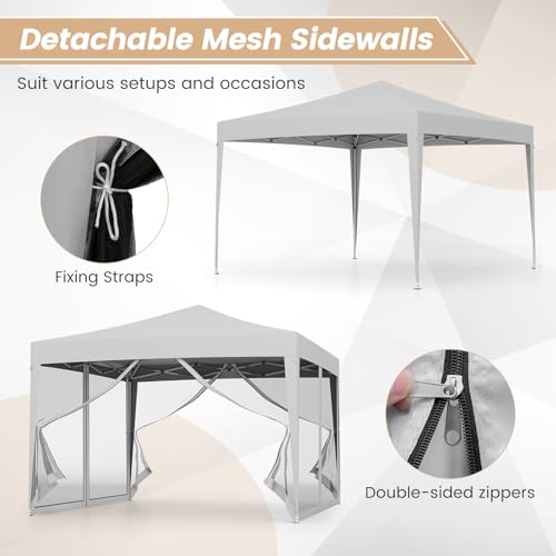 Tangkula 10x10 Ft Pop Up Canopy with Netting, Easy Up Outdoor Tent with Mesh Sidewalls, Carrying Bag, Adjustable Height, Portable Canopy Tent for Parties Events Camping Travel - color: Gray