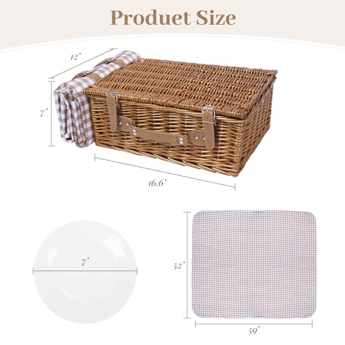 Neti Neti Wicker Picnic Basket for 4 with Insulated Cooler & Waterproof Blanket – Large Willow Picnic Hamper for Outdoor, Camping, Beach, Romantic Dates, Valentine’s Day - color: Khaki Plaid