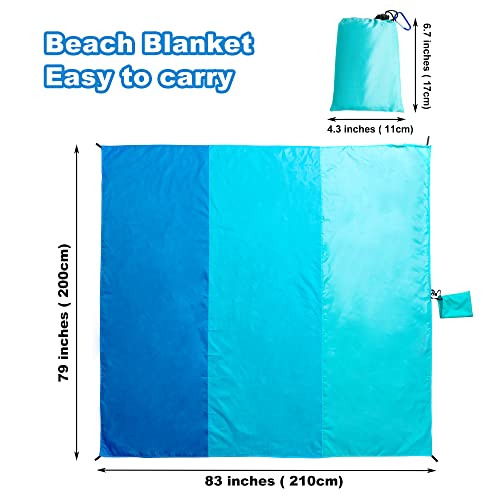 Beach Blanket with Pillow Double-Sided Waterproof Sandproof Extra Large Beach Mat Quick Drying Lightweight with 4 Stakes&4 Corner Pockets 79"*83" for 1-4 Adults for Camping Picnic Travel Hiking - color: Blue, size: 79"*83"