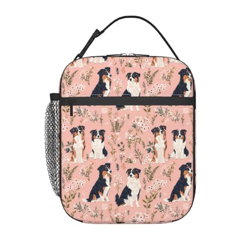 Reusable Australian Shepherd Lunch Box for Kids Girls Boys Women Adult, Insulated Cute Floral Dog Pink Lunch Bag,Polyester Cooler Handbags Case for School Picnic Work Travel Beach or Hiking - color: Australian Shepherd