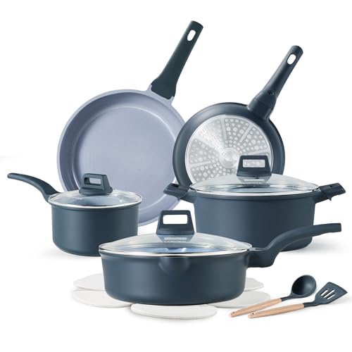 CAROTE 14 Pcs Ceramic Cookware Set, Pots and Pans Set Non Stick with Ceramic Coating, Induction Kitchen Sets - color: Blue