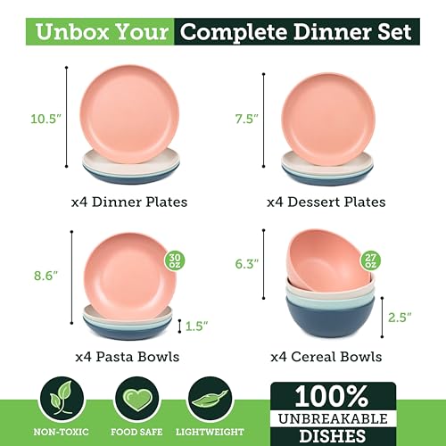 Grow Forward 16-piece Premium Wheat Straw Dinnerware Sets for 4 - Unbreakable Dishwasher & Microwave Safe Plastic Plates and Bowls Sets - Patio, Outdoors, RV, Camping Dishes - Tropical - color: Tropical