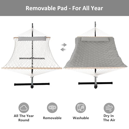 ANOW Double Rope Hammock with Stand 12FT, Heavy Duty Hammock with Polyester Pillow and Pad, 450 LBS Weight Capacity, Light Grey - color: Light Grey, size: With Stand