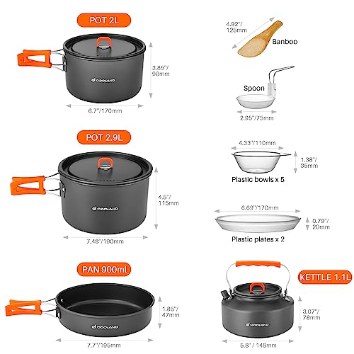 Odoland 15pcs Camping Cookware Non-Stick Lightweight Camping Pots and Pans Set with Kettle Plastic Plates Bowls Soup Spoon for Camping, Backpacking, Outdoor Cooking and Picnic - style: 15pcs W/ Kettle