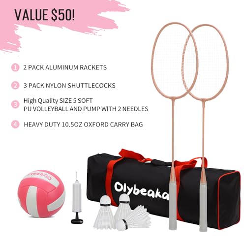 20ft Outdoor Volleyball & Badminton Combo Net Set for Backyard Beach with Adjustable Poles, Durable Anti-Sag Net, PU Volleyball, 2 Aluminum Rackets - color: Pink