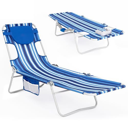 #WEJOY Folding Tanning Chair with Face Hole, 5 Positions Face Down Beach Lounge Chairs with Pillow for Outside Sunbathing Poolside (Blue/White) - color: Readease-face Hole Darkblue/White, style: ReadEase 5 Position Face Hole